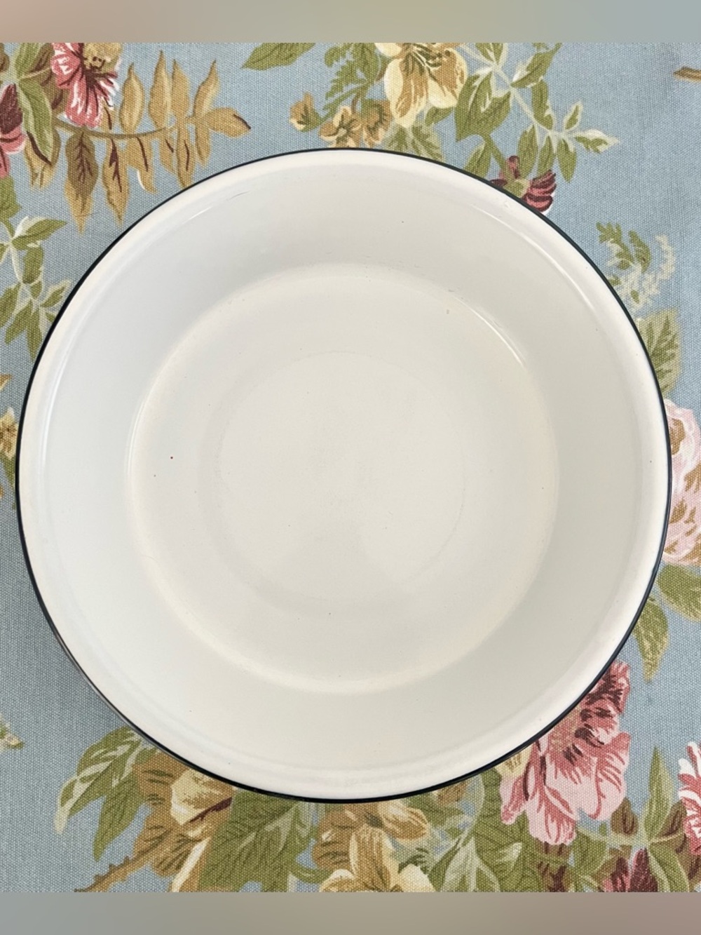 White Enamel 9” Serving Bowl with Black Rim